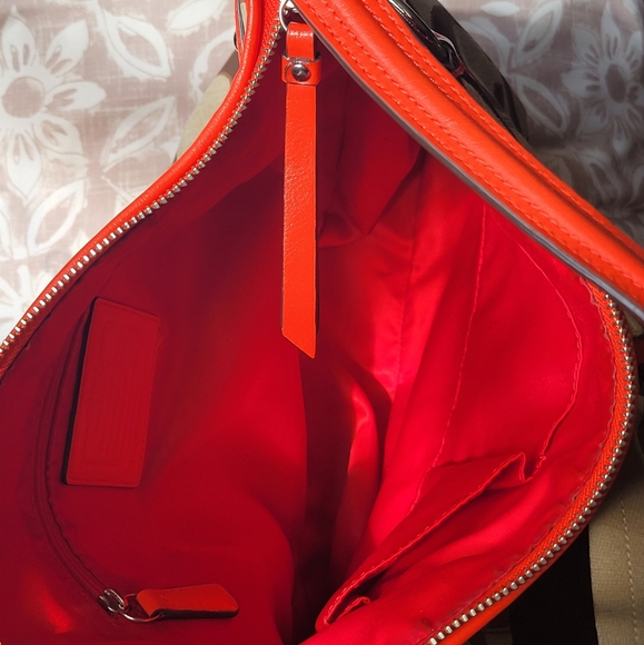 Coach Daisy Signature Convertible Hobo Purse F24062 Khaki Tan Coral Orange - Picture 6 of 9